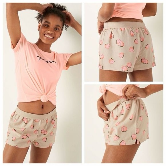 VS Pink Flannel Sleep Boxy Short Shortie Vanilla Peach Women’s Size Large Girly - Picture 1 of 16